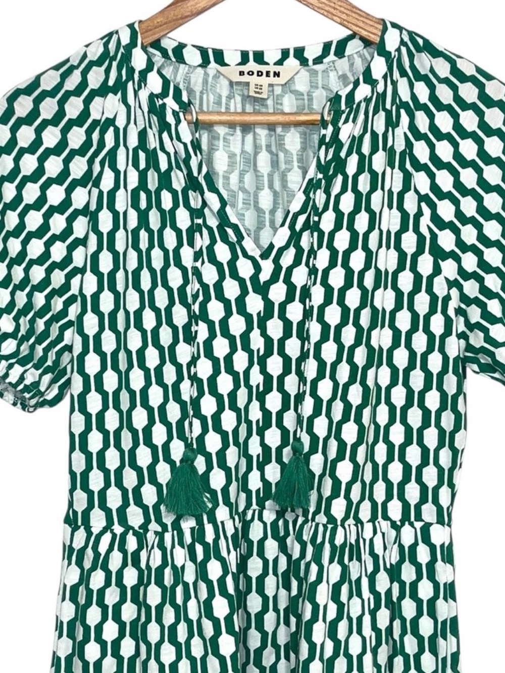 Boden Geo Azure Jersey Mini Dress Green White Tassel Size US 2R - Picture 7 of 11